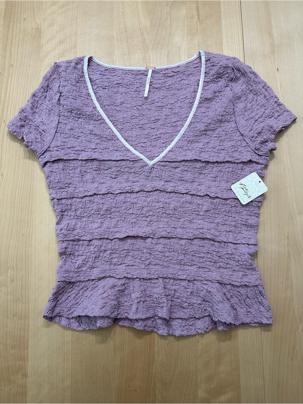 Free People Lavender Crinkle V-Neck Short Sleeve Top with Peplum Hem M
